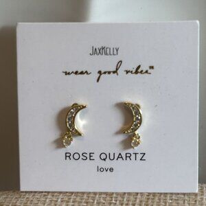 NEW Jax Kelly Rose Quartz Gold Crescent Moon Gemstone Drop Earrings Love CZ
